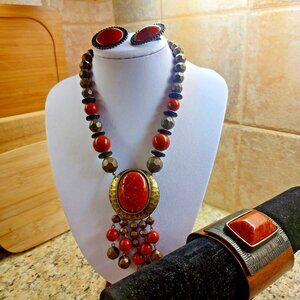 VTG Carol Dauplaise signed chunky Carnelian necklace bracelet and earring set